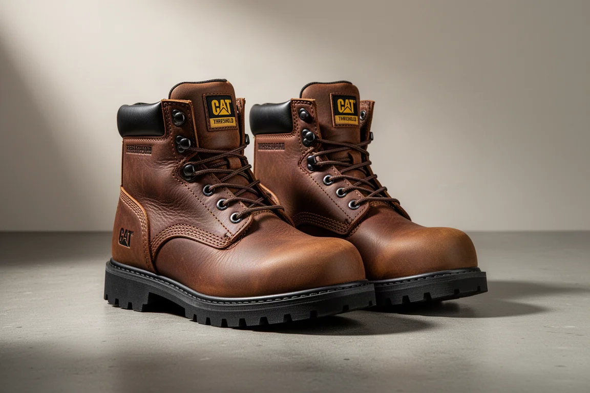 Pair of dark leather work boots with lugged outsoles on a concrete surface
