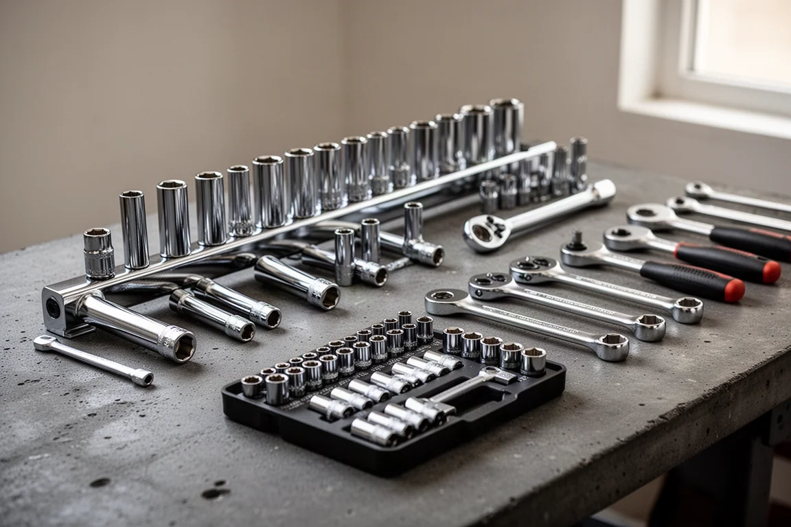 Mechanic's workbench with socket rails and hand tools laid out in soft light