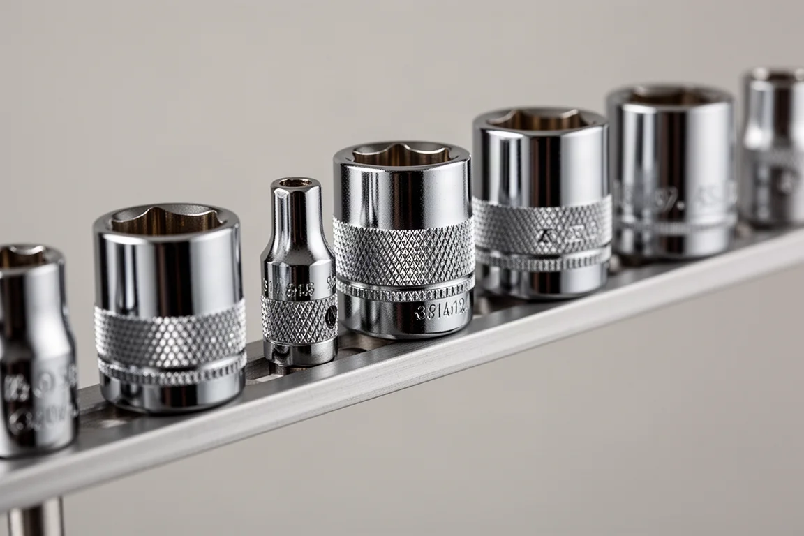 Close-up of chrome sockets on a metal rail with engraved markings visible