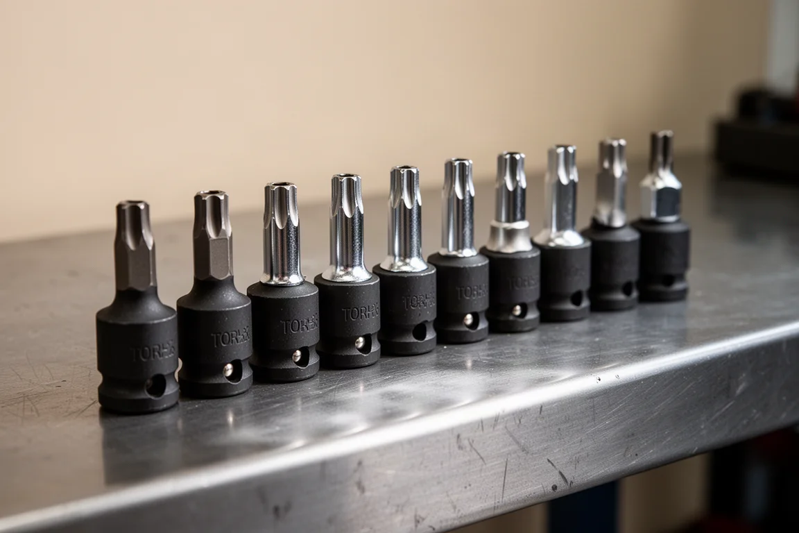 Torx socket set with black bases and chrome bits resting on a workbench