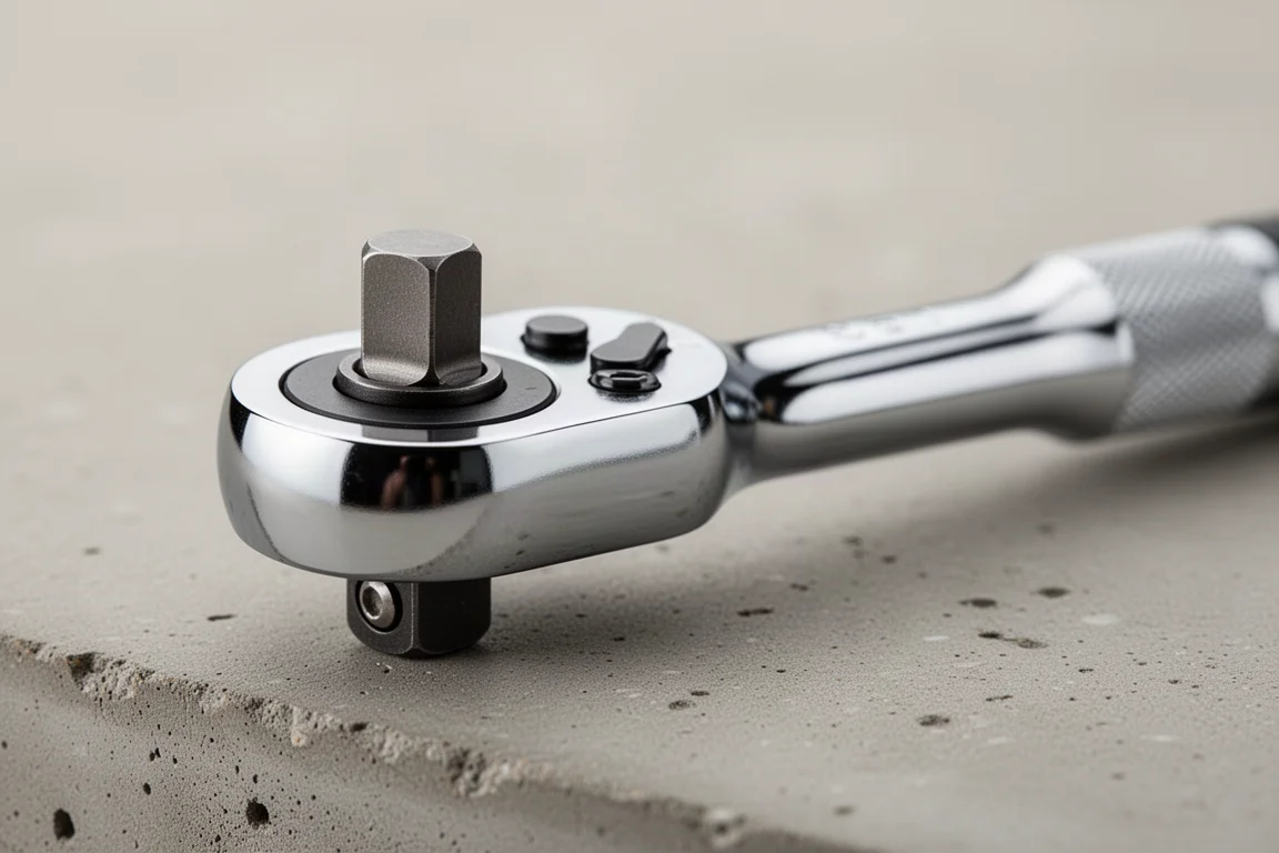 Ratchet head and drive square close-up with polished chrome finish