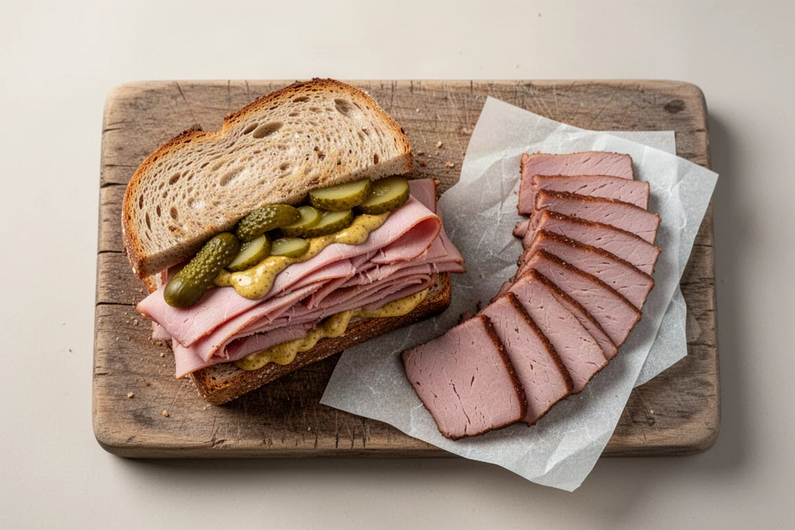 Un panino farcito con ingredienti appena affettati su un tagliere rustico