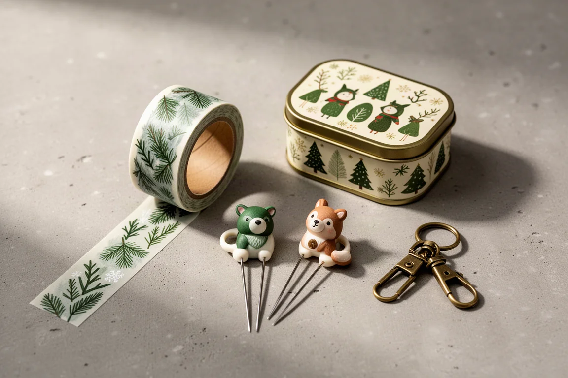 Acessórios de artesanato natalinos, incluindo fita washi e uma lata de agulhas decorada, arrumados sobre uma mesa