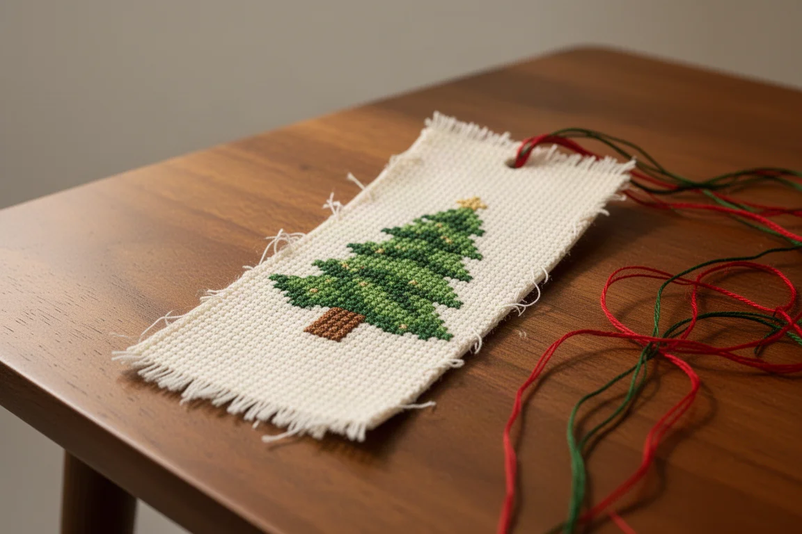 Marcador de livro de ponto cruz finalizado com design de árvore de Natal sobre uma mesa de madeira