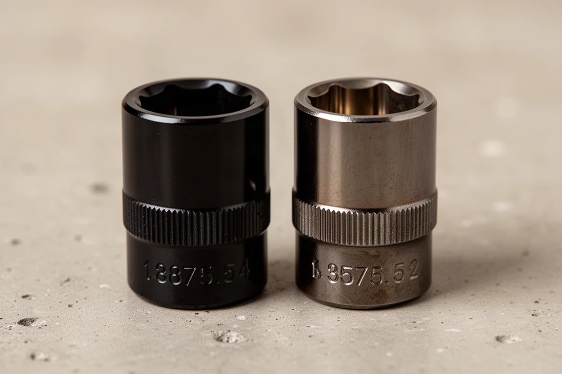 Two black chrome sockets side by side showing matching broaching and knurling