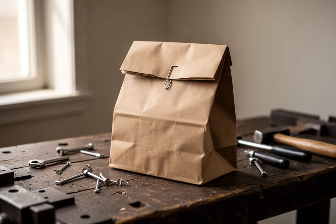 Brown paper shipping bag with a staple on a workbench