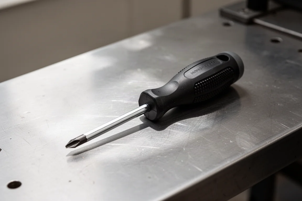 Black-handled screwdriver lying on a workbench in soft window light