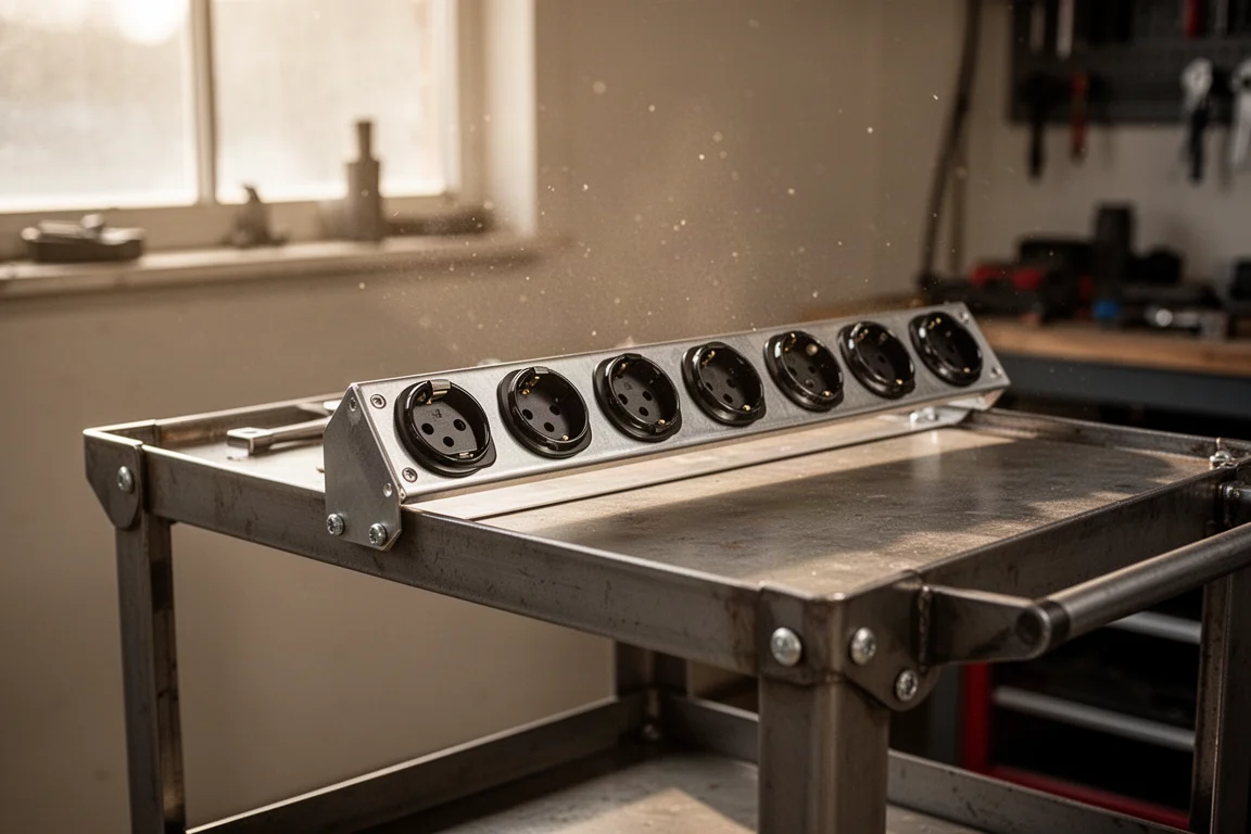 Sockets slotted into a custom metal rail on a mechanic's cart