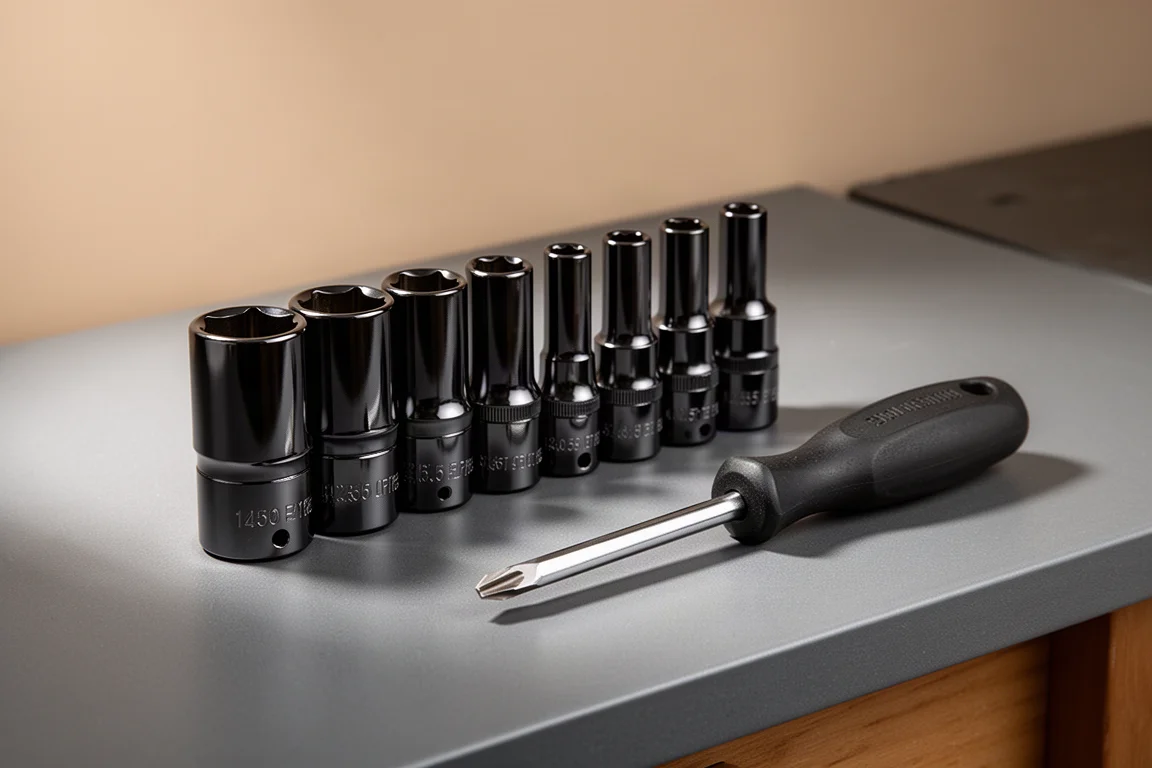 Caterpillar black chrome socket set and black-handled screwdriver on a grey workbench