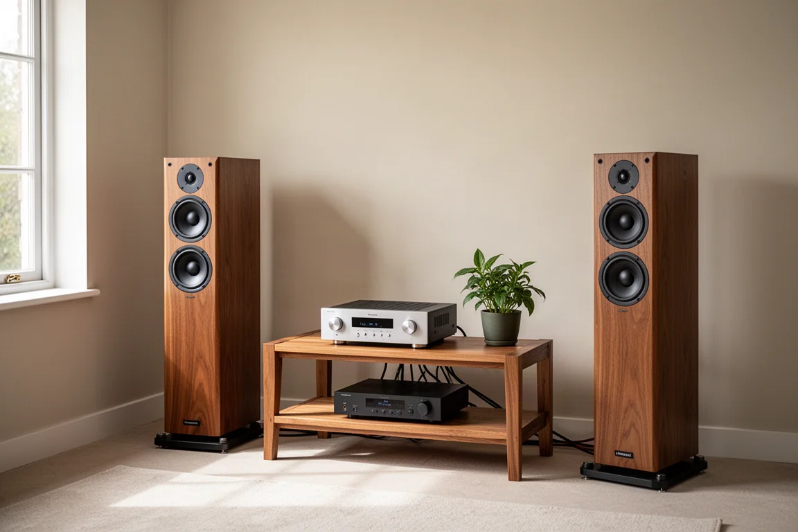 Hi-Fi-Anlage im Wohnzimmer mit Standlautsprechern und einem Verstärker auf einem niedrigen Holzregal