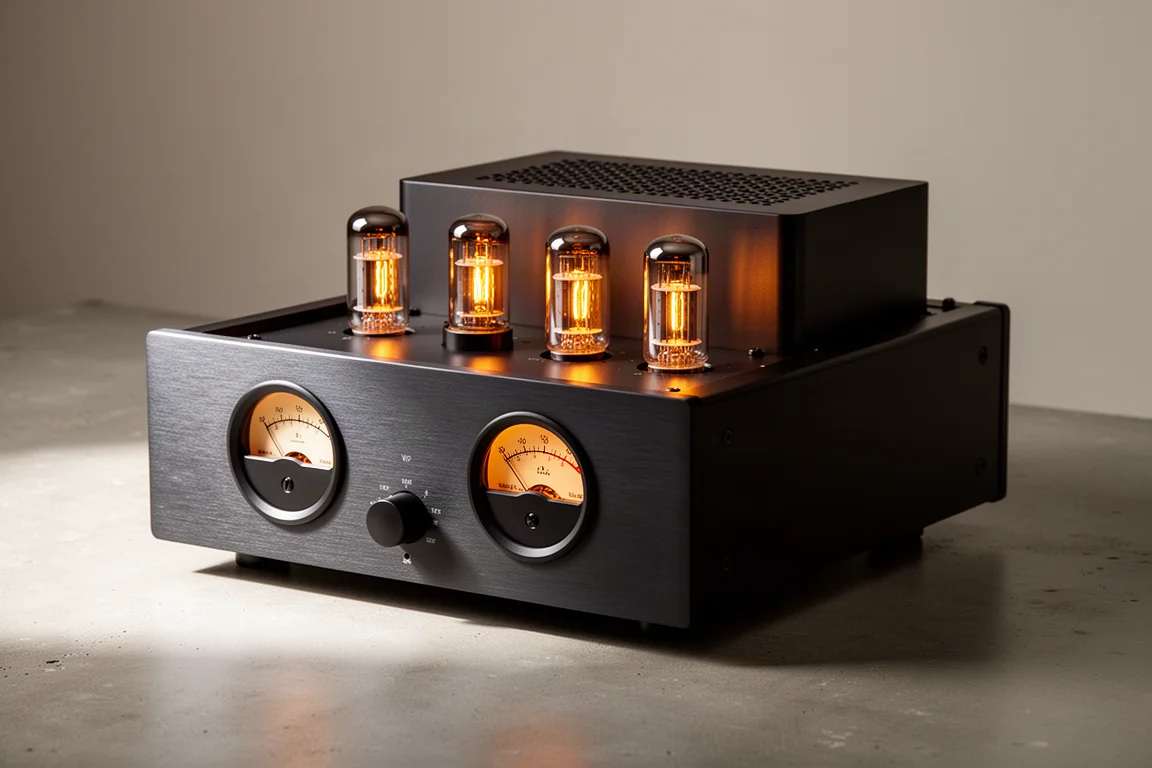 Tube integrated amplifier with analogue VU meters and glowing output tubes on a concrete surface