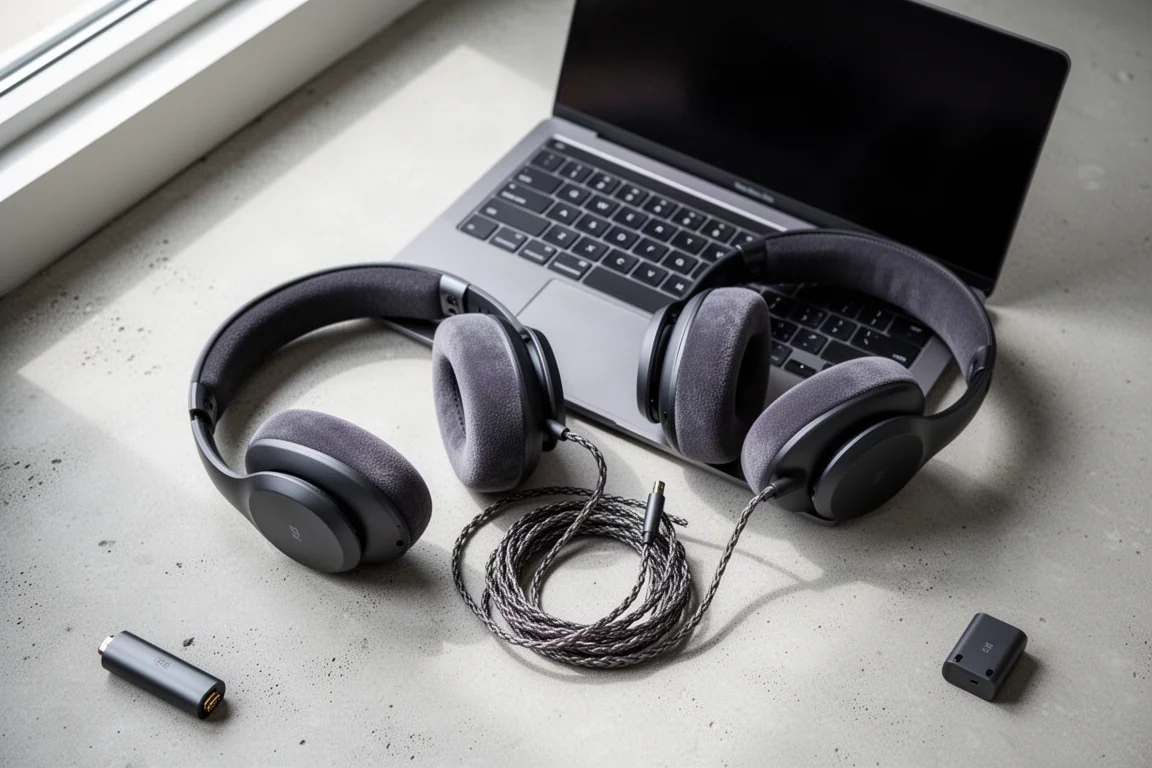 Compacte reis-luisteropstelling met laptop, over-ear koptelefoon en opgerolde kabel op een betonnen oppervlak