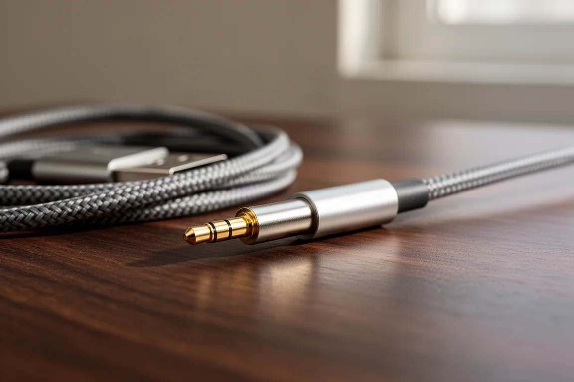 Close-up van een gevlochten USB-C-kabel en gebalanceerde audiostekker op een donker houten bureau