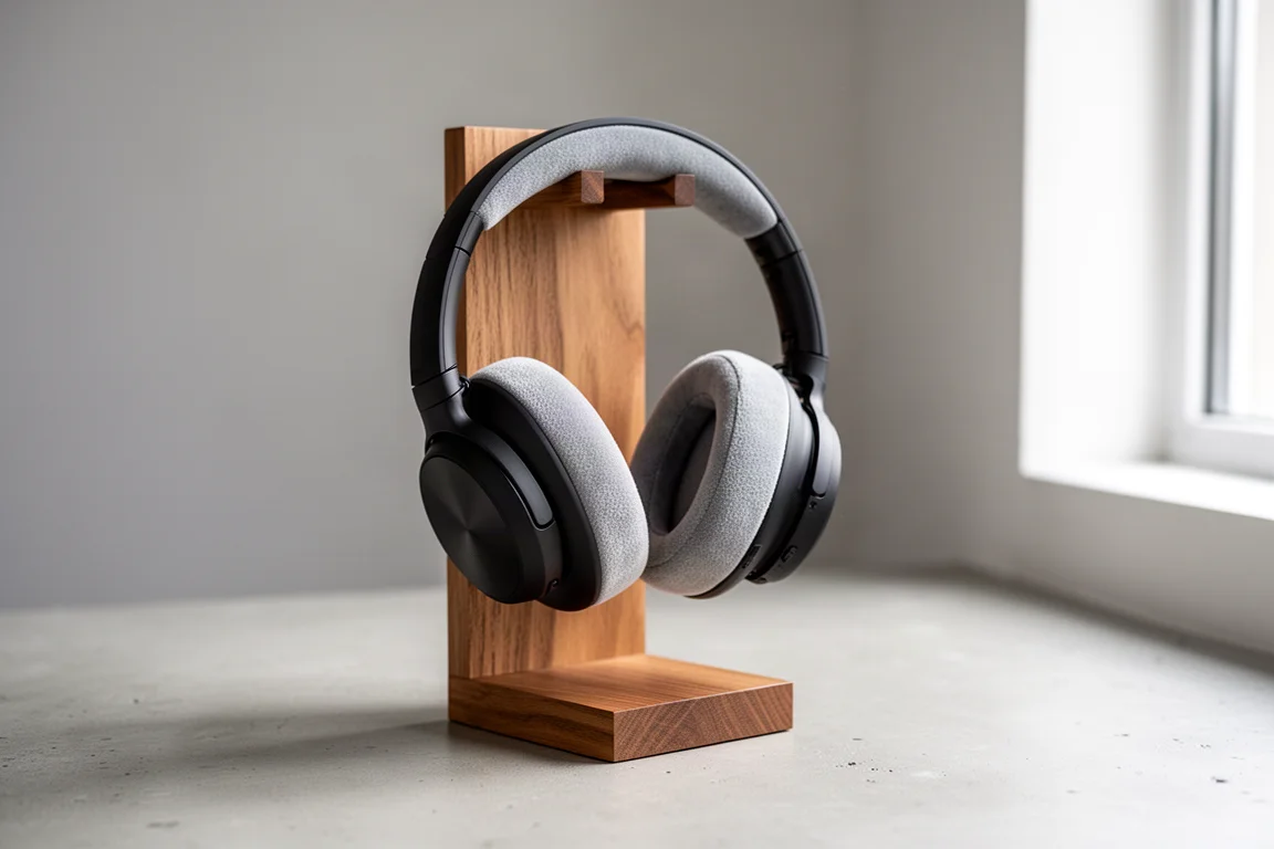 Neutrale open-back over-ear koptelefoon met velours oorkussens op een houten standaard