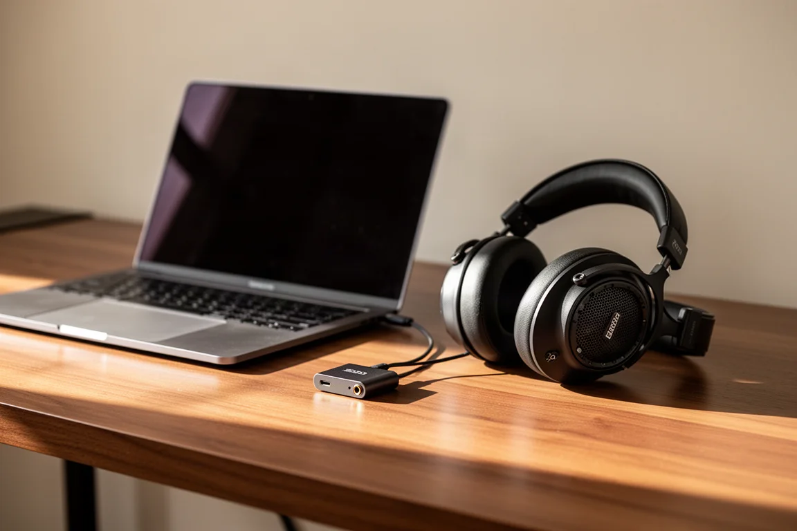 Bureau-luisterstation met laptop, kleine metalen DAC en open-back koptelefoon in avondlicht