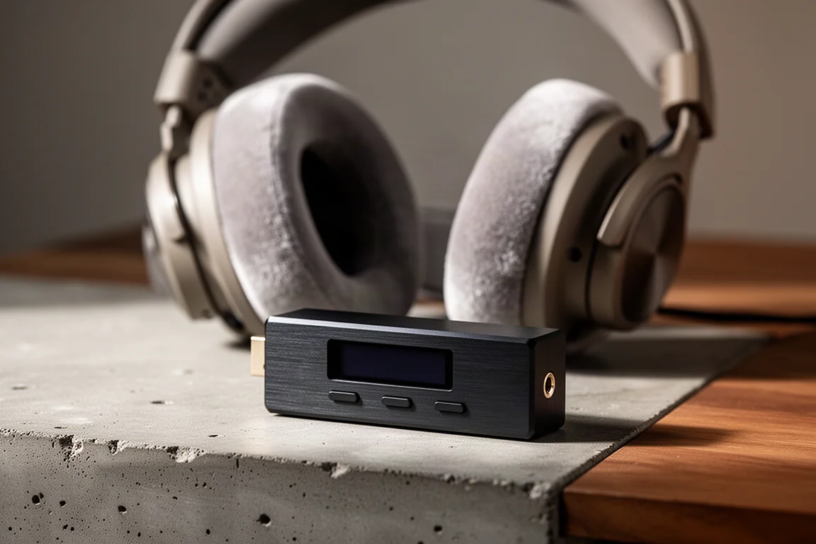 Small metal dongle DAC on a concrete surface with open-back headphones blurred behind it