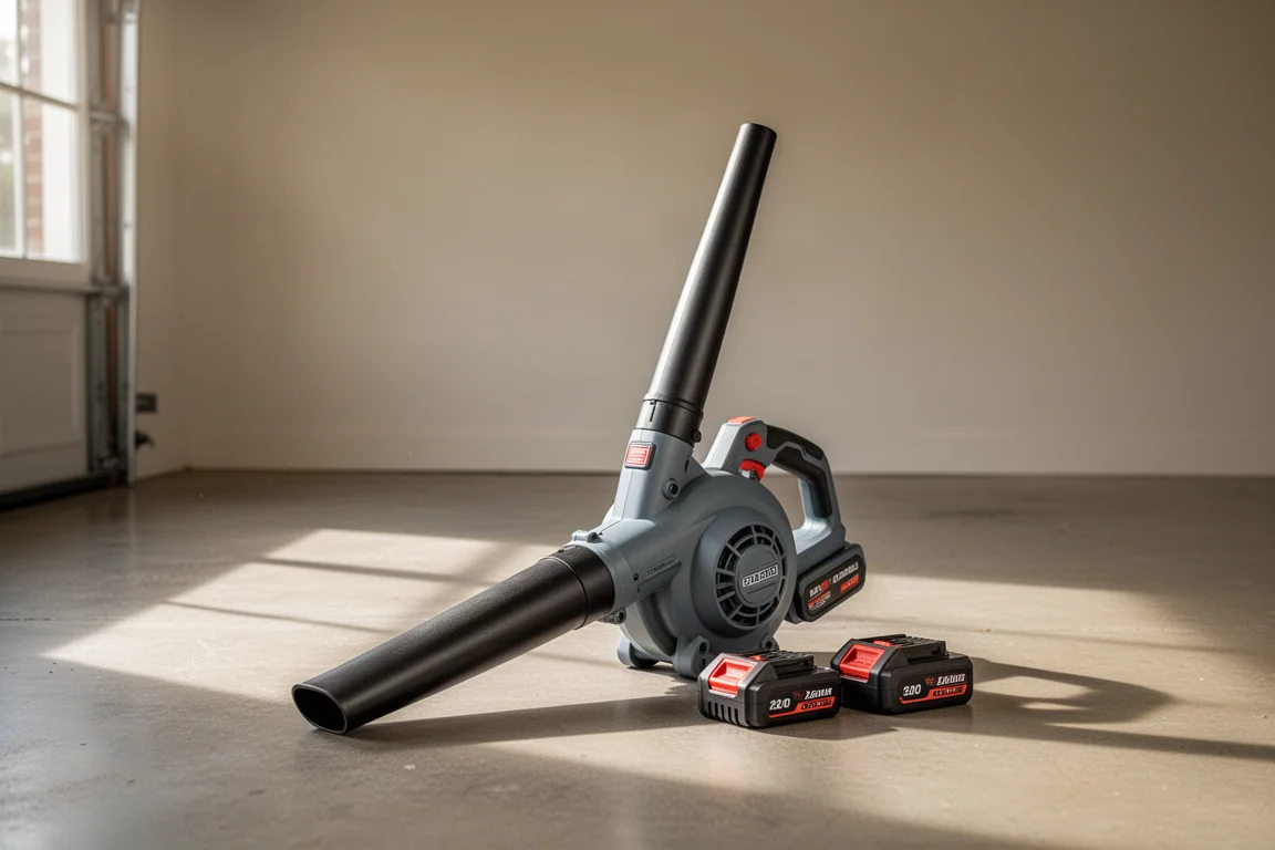 Cordless leaf blower standing on a garage floor beside two slide-pack batteries