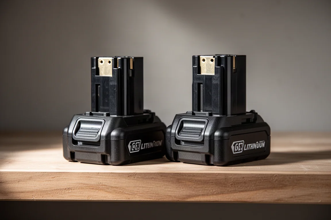 Two lithium battery packs side by side on a workshop shelf
