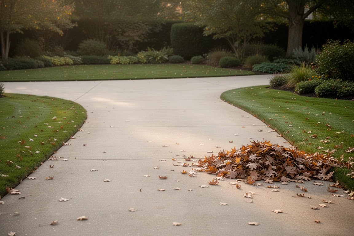 Cleared driveway with a few remaining leaves at the edge in soft daylight
