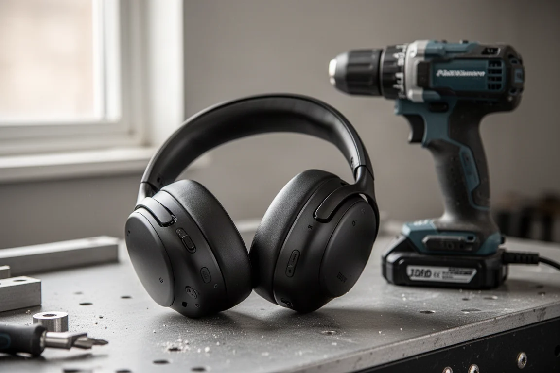 Worker wearing over-ear hearing protection headphones while using outdoor power equipment