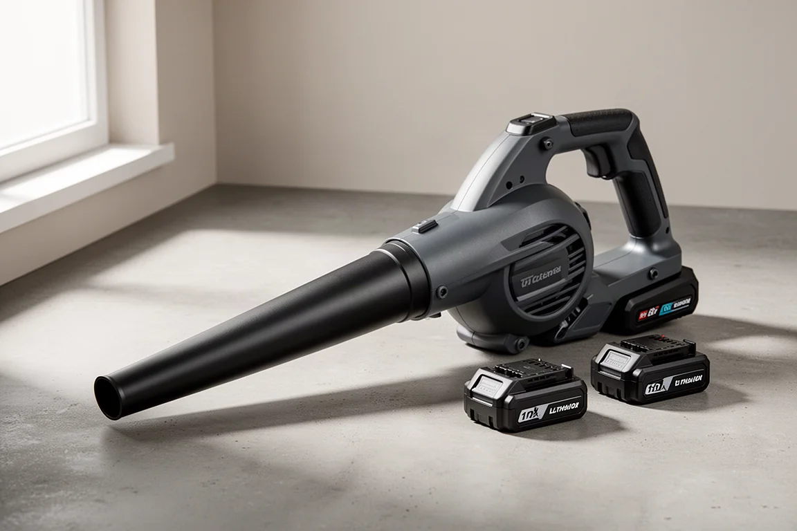 CC 40V cordless leaf blower with long nozzle and two battery packs on concrete