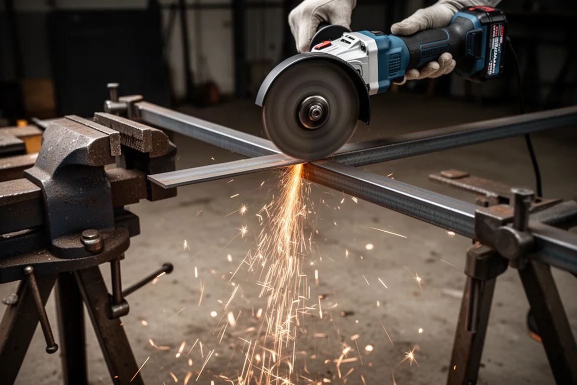 Esmerilhadeira angular cortando metal com faíscas brilhantes voando