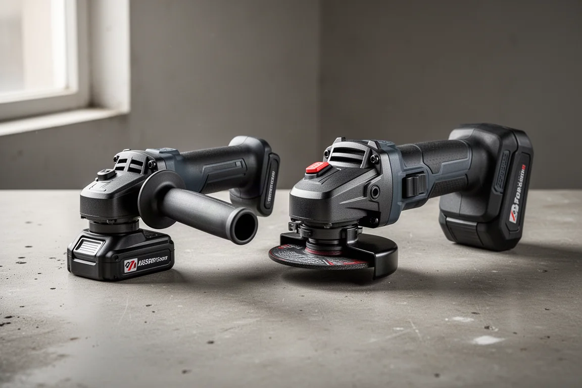 Two cordless angle grinders side by side on a concrete workshop surface