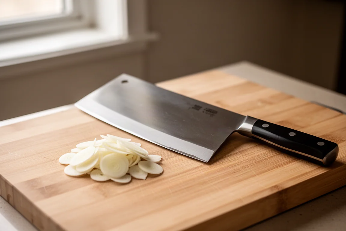 Chinese cleaver resting on a cutting board beside thinly sliced garlic