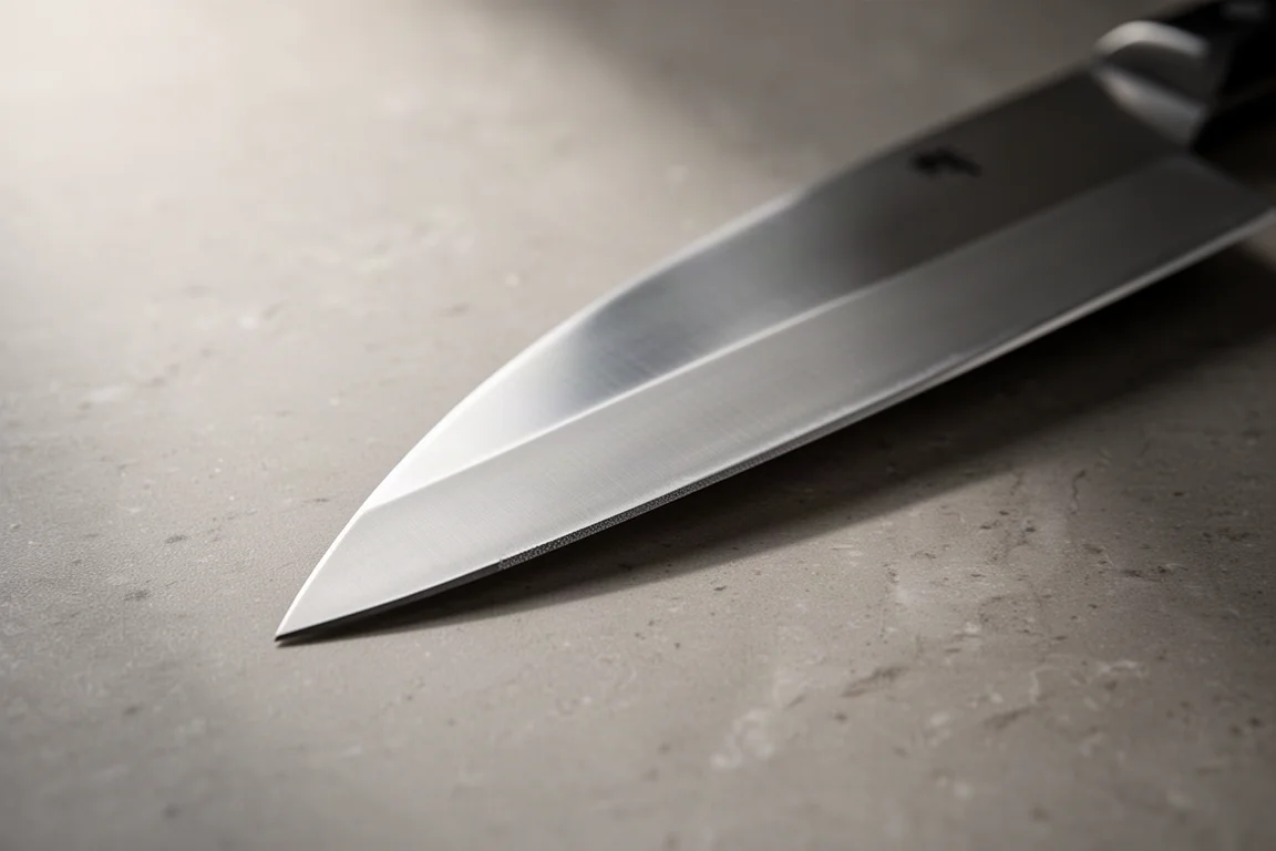 Close-up of the thin blade tip of a Chinese cleaver on a cutting board