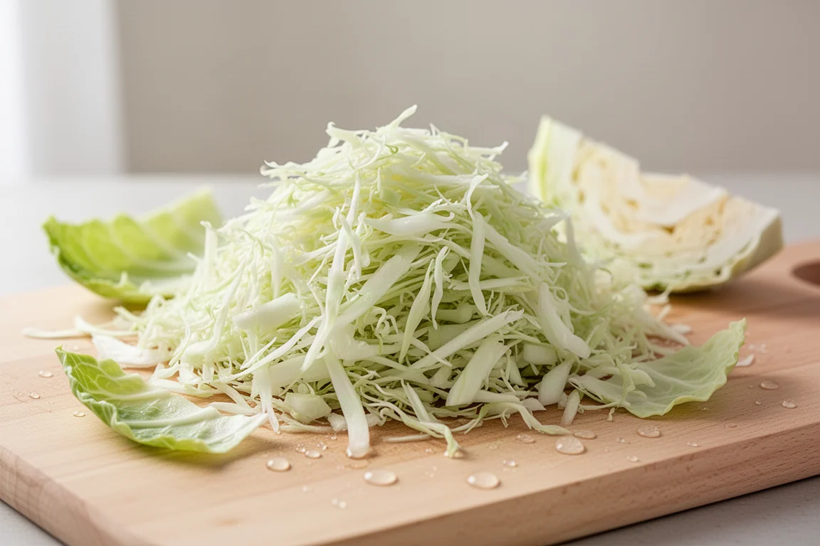 Freshly shredded cabbage piled on a counter next to a cleaver