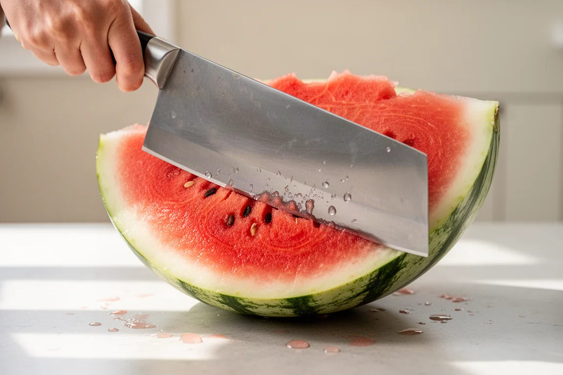 Chinese cleaver slicing through a wedge of watermelon on a counter