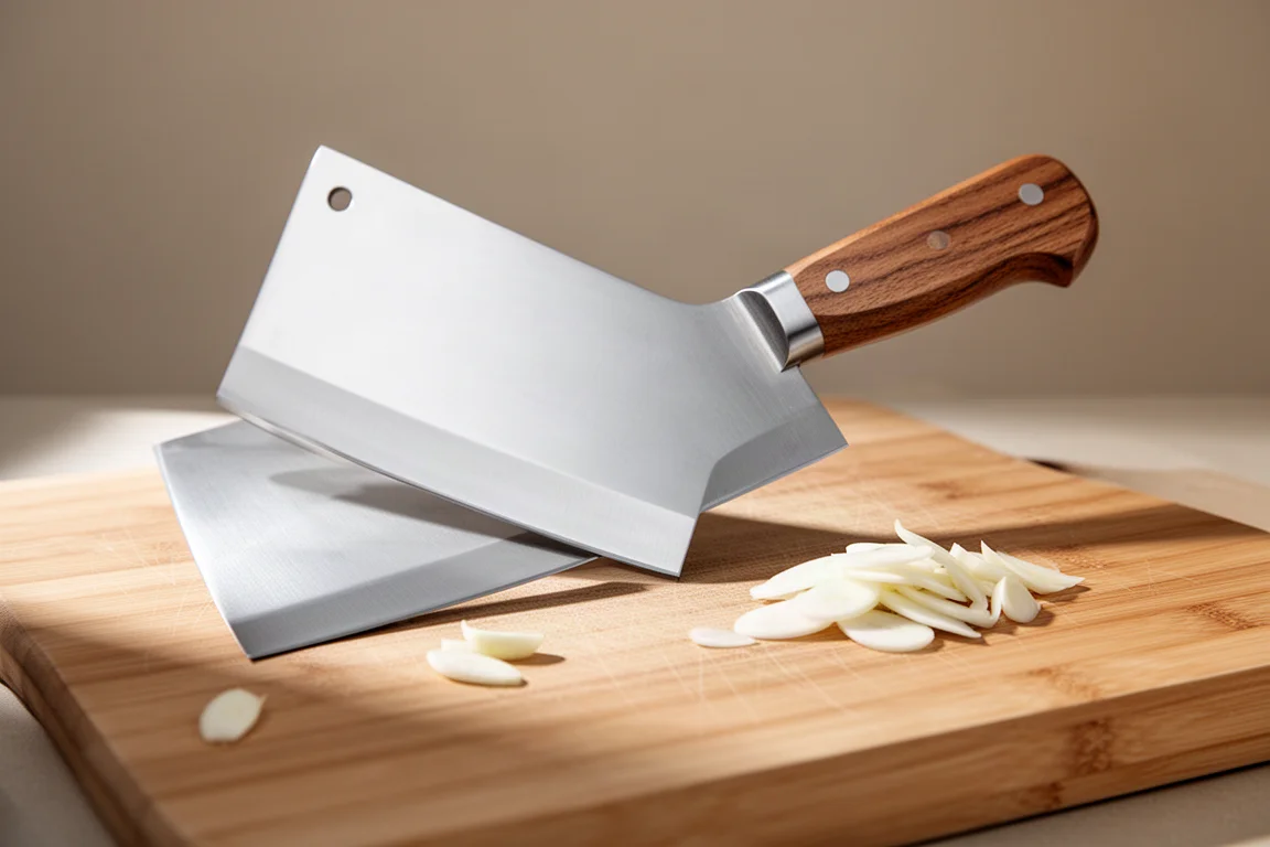 CCK Vegetable Knife — chiński tasak na drewnianej desce do krojenia z pokrojonym czosnkiem