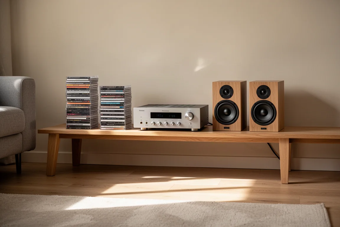 Pilha de CDs ao lado de um amplificador e caixas bookshelf em uma sala iluminada pelo sol