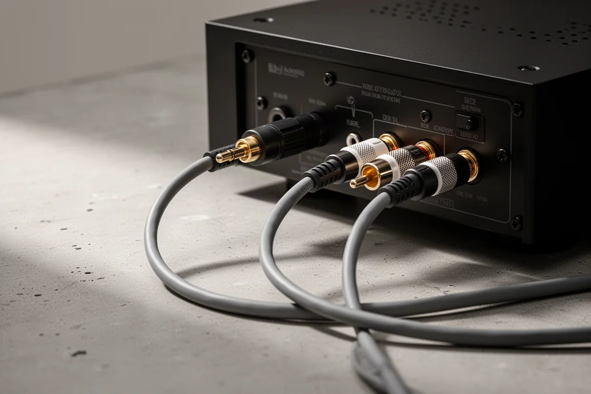 Cabos coaxiais e RCA conectados ao painel traseiro de um componente hi-fi