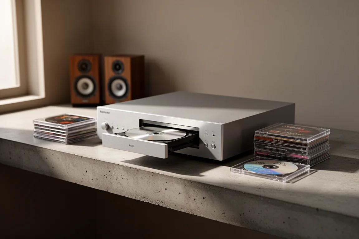 Silver hi-fi CD player with open disc drawer and compact discs on a concrete shelf