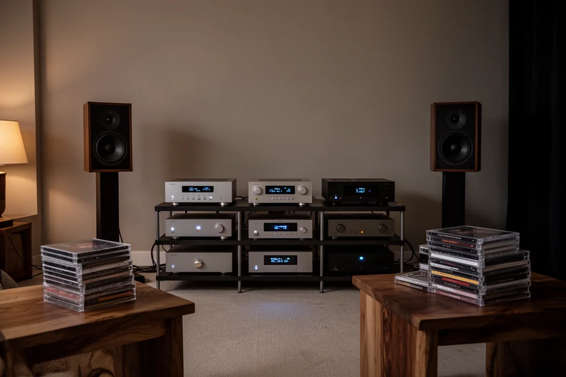 Sala de escucha con luz tenue, rack de alta fidelidad, altavoces y una pila de CD