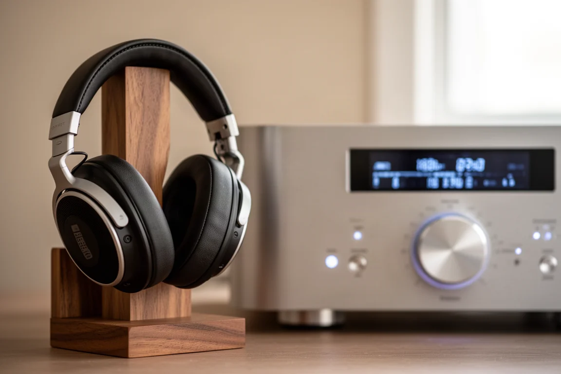 Auriculares abiertos sobre un soporte de madera junto al frontal iluminado de un amplificador