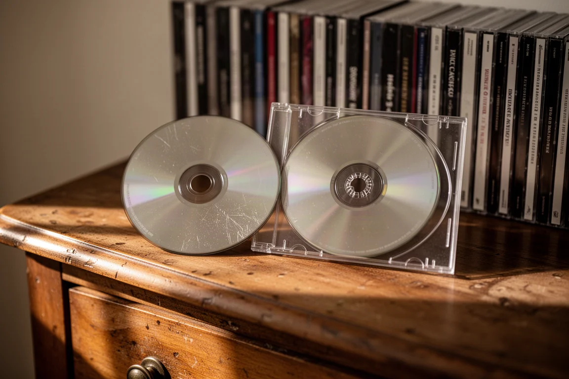 Disco compacto desnudo y caja de CD abierta sobre un aparador de madera desgastada