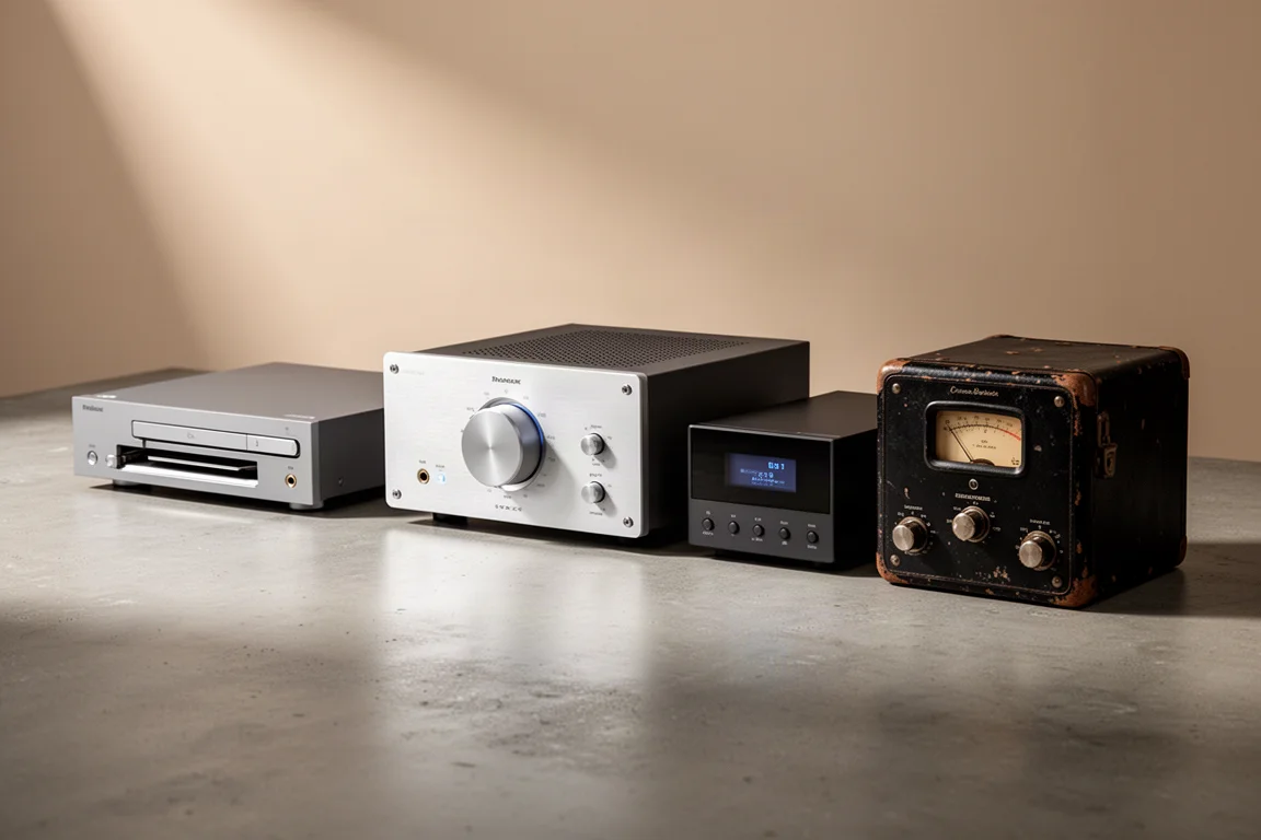 Four hi-fi disc players and an amplifier arranged in a row on a concrete surface