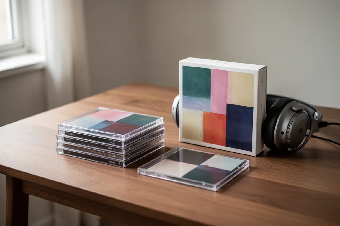 Stack of CD jewel cases and a box set on a wooden table in window light