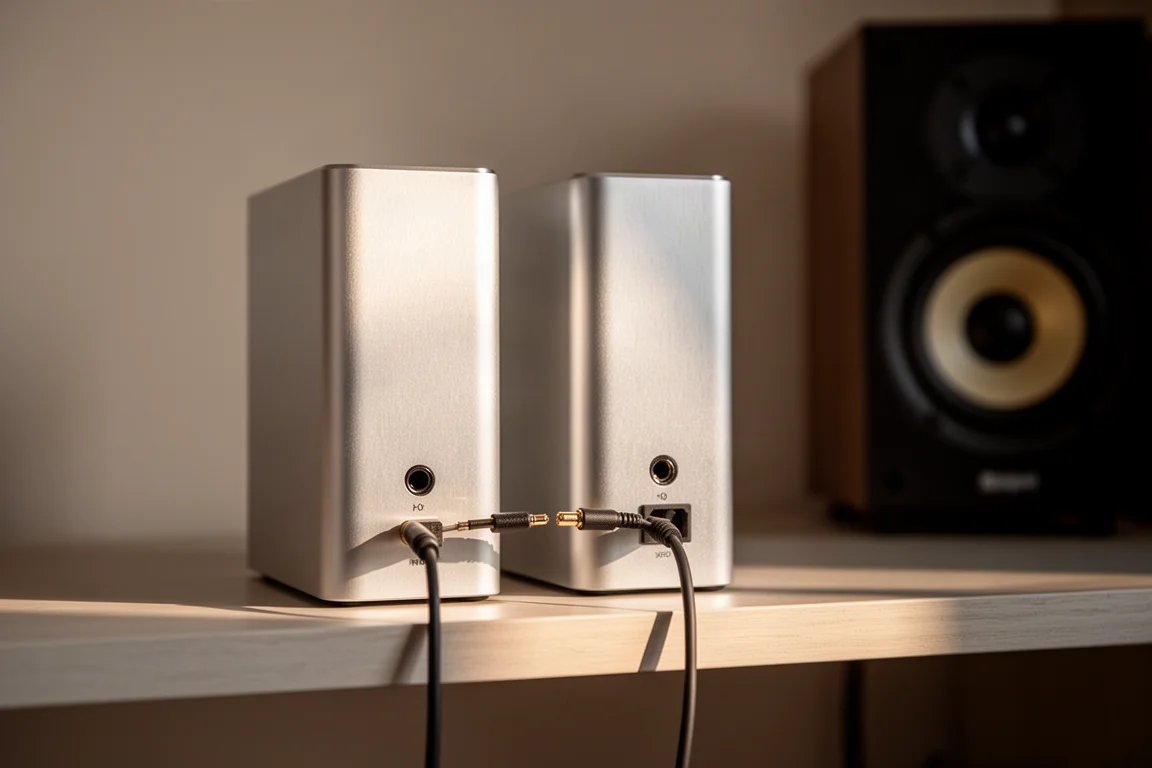 Short digital cable linking two slim audio components on a low shelf