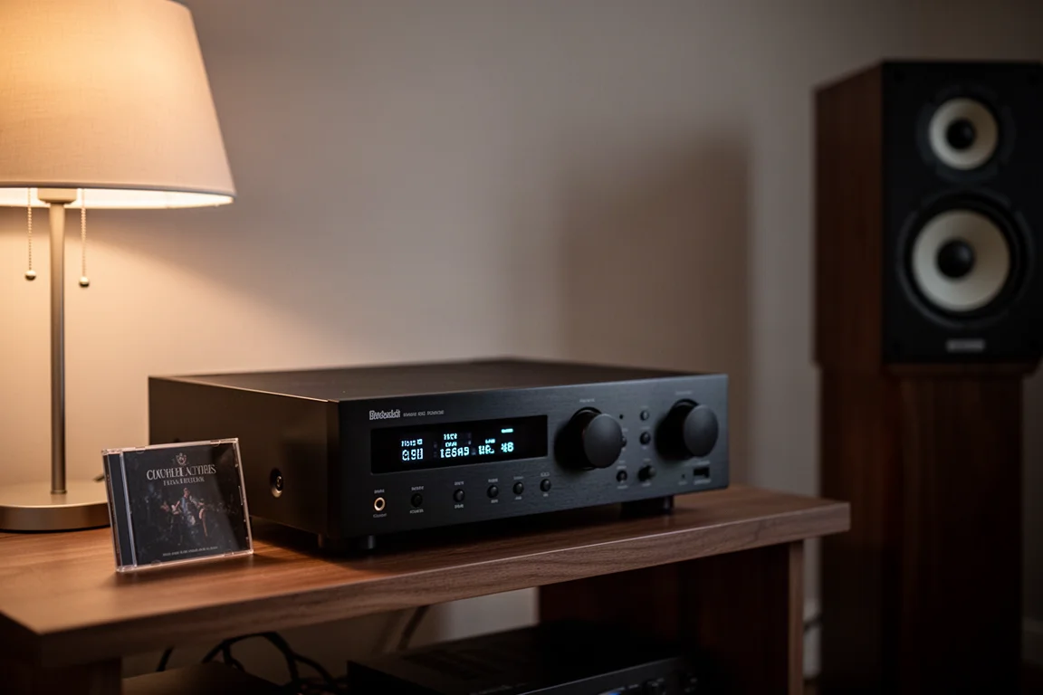 Dim listening room at dusk with a small hi-fi stack and a CD case