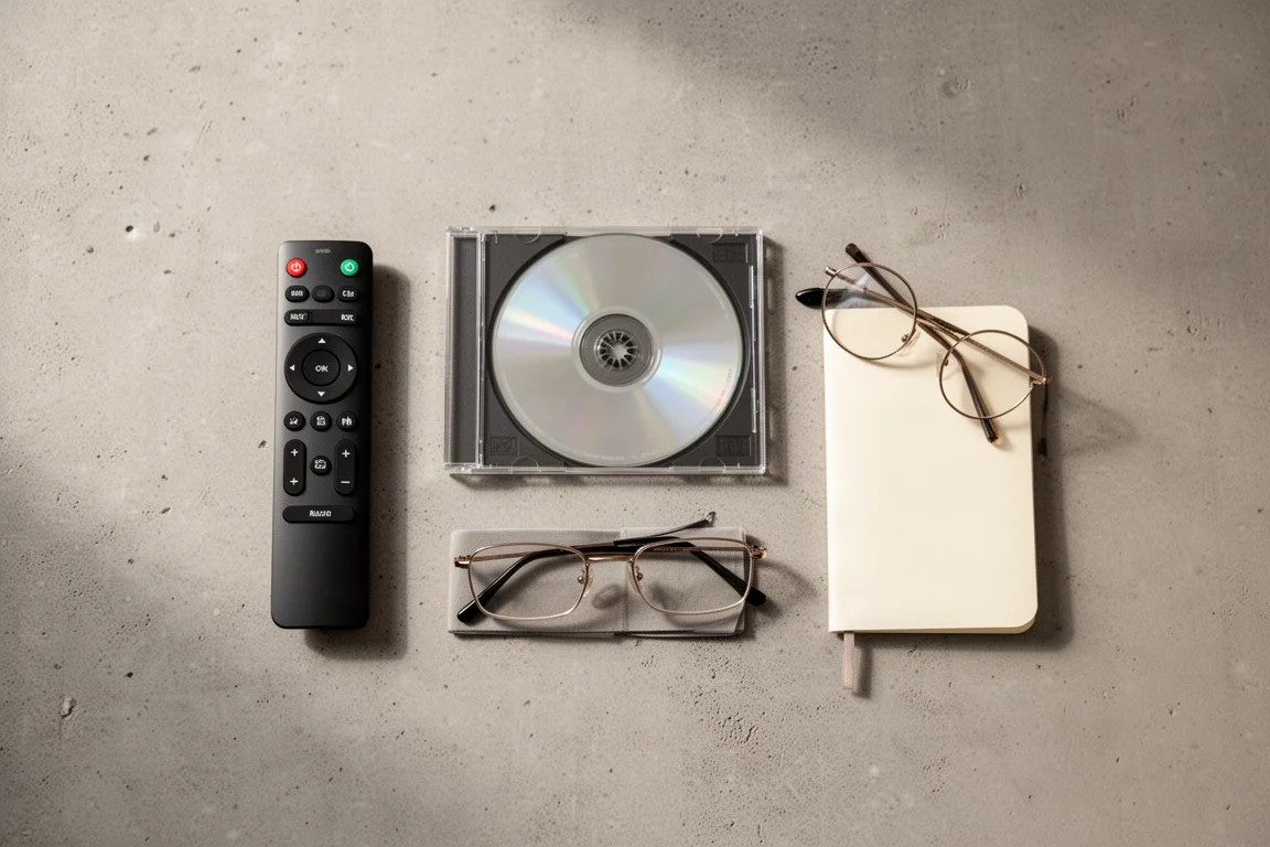Overhead flat-lay of a remote control, CD case, glasses and notebook on concrete