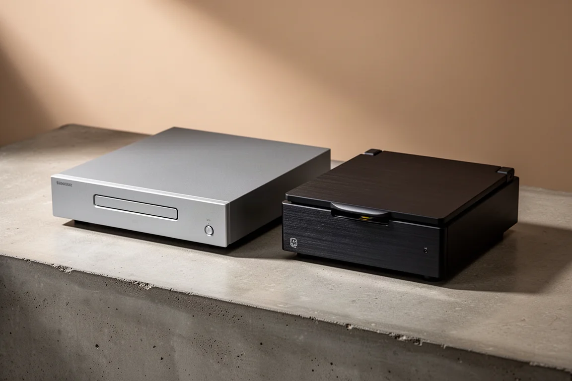 Two slim CD transports side by side on a matte concrete surface