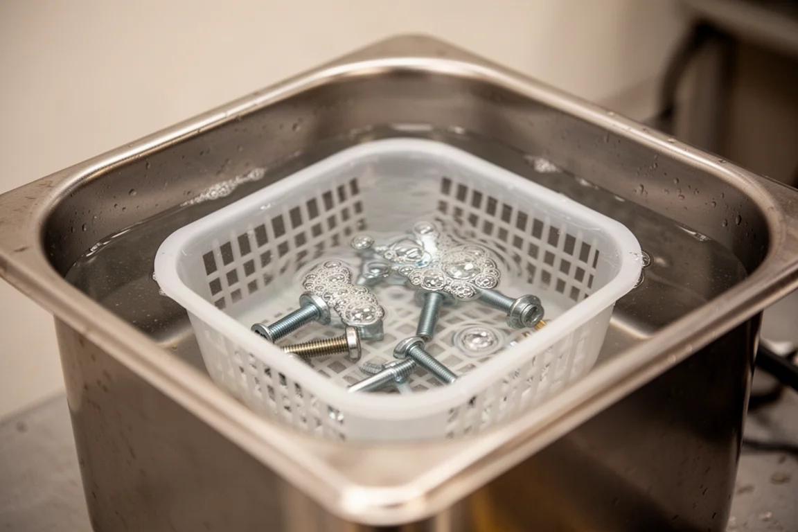 Small metal hardware parts soaking in a stainless steel ultrasonic tank