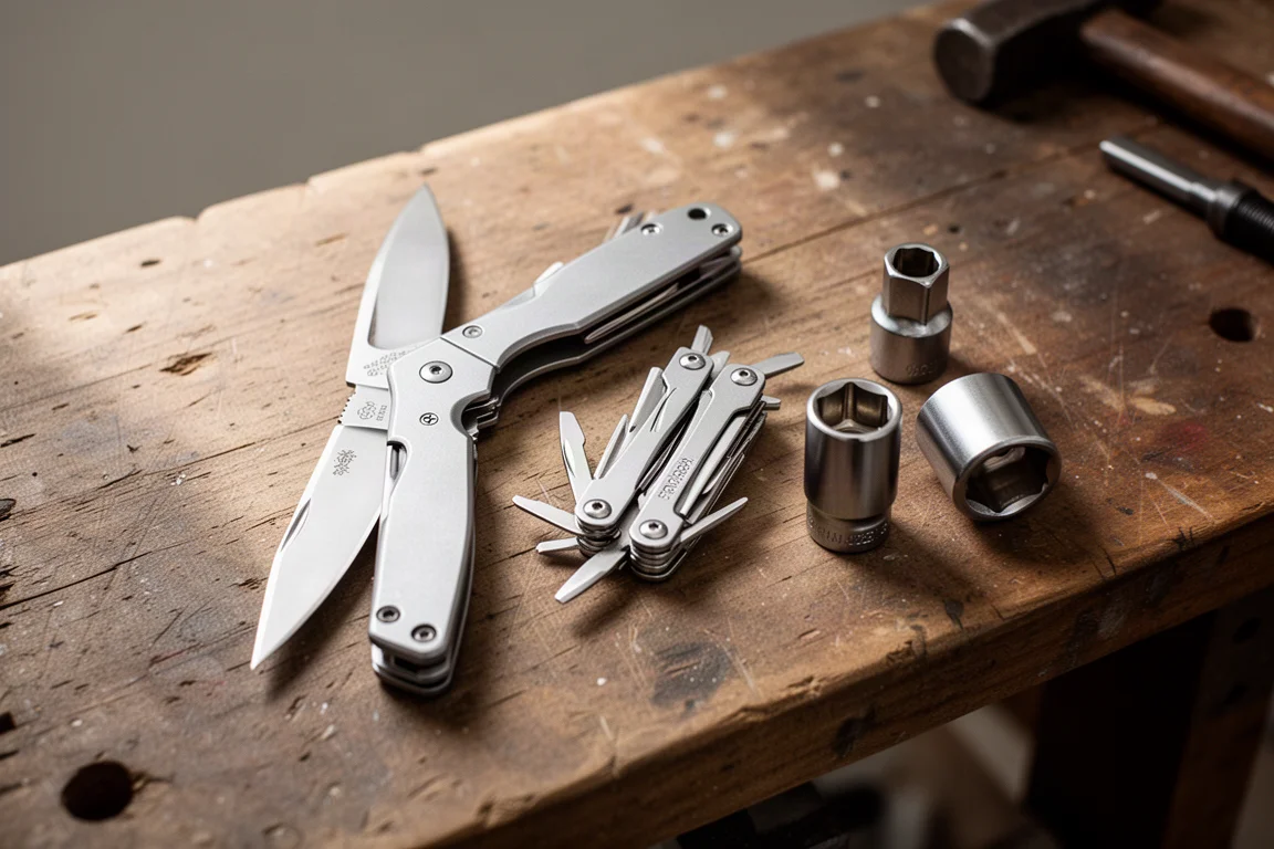 Folding pocket knife and multi-tool laid out on a garage workbench