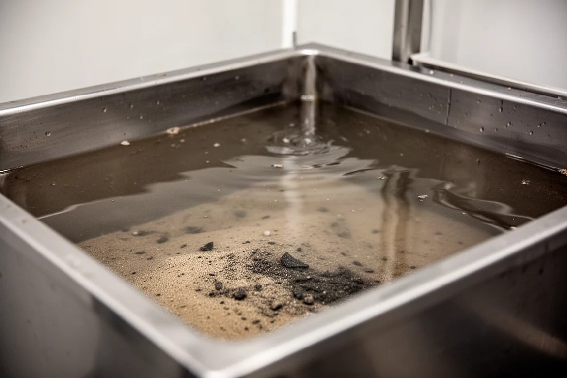 Dirty water in an ultrasonic cleaning tank showing accumulated debris