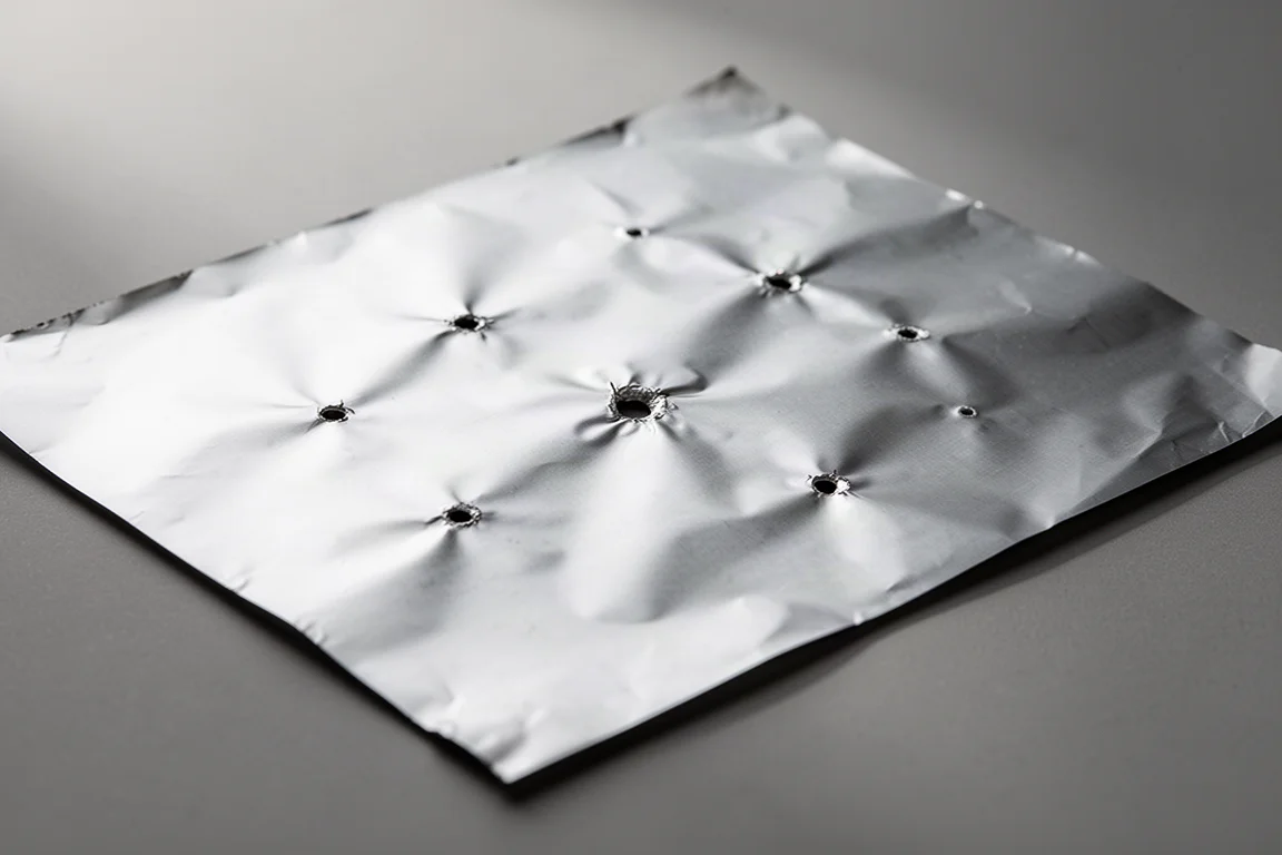 Aluminum foil test sheet with small puncture holes on a workbench