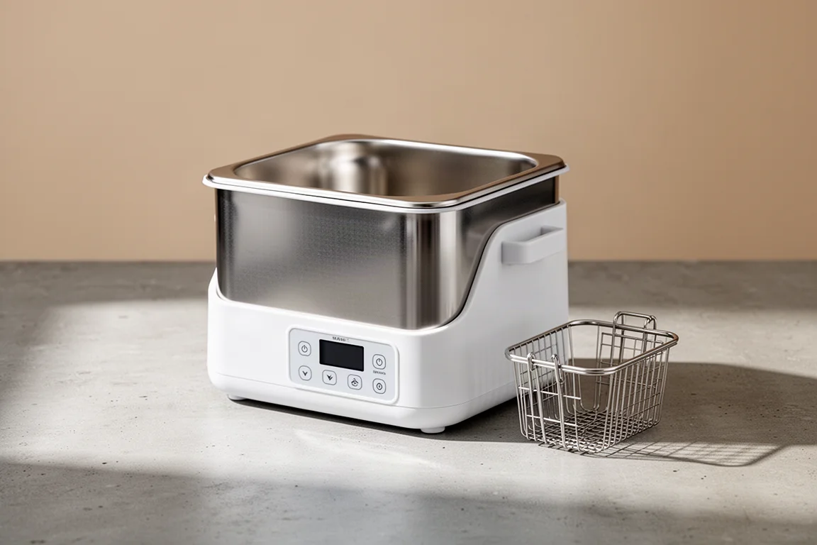 Compact digital ultrasonic cleaner with stainless steel tank on concrete surface