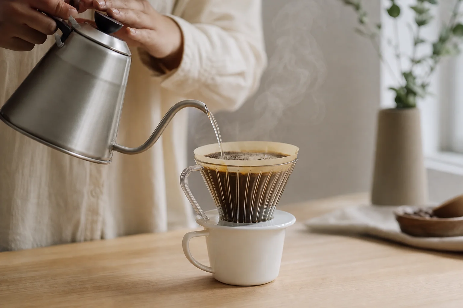 Hands pouring water into a pour-over brewer over a cup